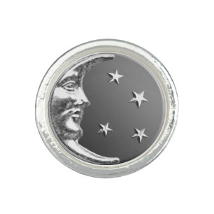 Art Deco Moon and Stars - Grey / Gray and Silver Ring