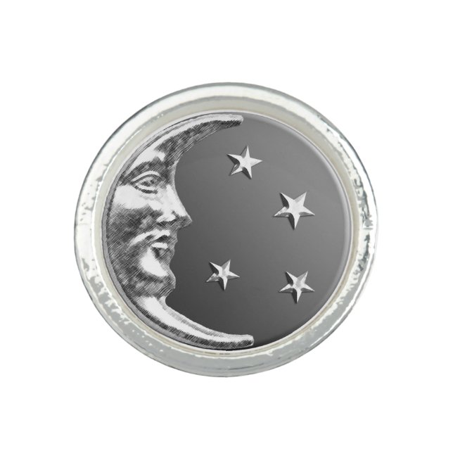Art Deco Moon and Stars - Grey / Gray and Silver Ring (Front)