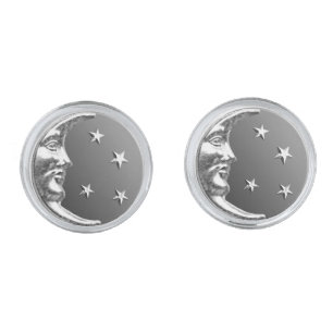 Art Deco Moon and Stars - Grey / Gray and Silver Silver Cufflinks