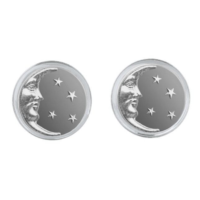 Art Deco Moon and Stars - Grey / Gray and Silver Silver Cufflinks (Front)