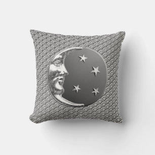 Art Deco Moon and stars - Grey / Gray and Silver Throw Pillow