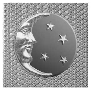 Art Deco Moon and stars - Grey / Gray and Silver Tile