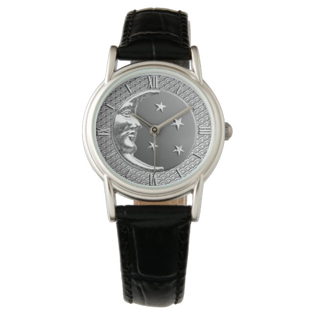 Art Deco Moon and Stars, Grey / Gray and Silver Watch (Front)