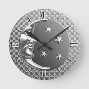Art Deco Moon and Stars, Hematite Gray & Silver Round Clock