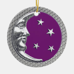 Art Deco Moon and Stars in Amethyst and Silver Ceramic Ornament