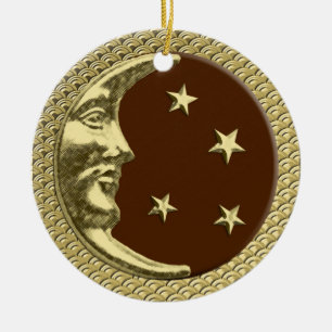 Art Deco Moon and Stars in Chocolate and Gold Ceramic Ornament