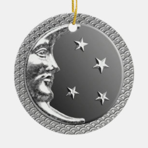 Art Deco Moon and Stars in Hematite and Silver Ceramic Ornament