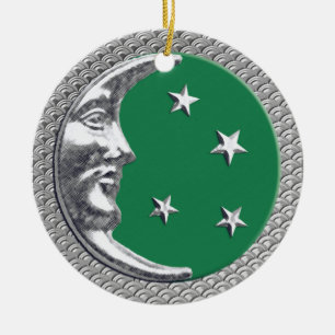 Art Deco Moon and Stars in Jade Green and Silver Ceramic Ornament