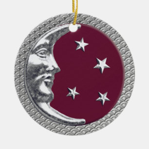 Art Deco Moon and Stars in Wine Red and Silver Ceramic Ornament
