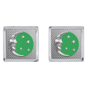 Art Deco Moon and Stars, Jade Green and Silver Cufflinks