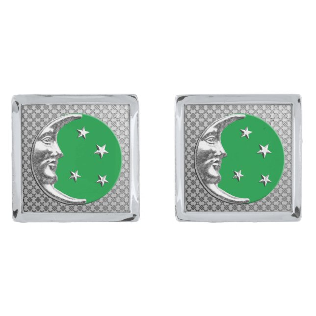 Art Deco Moon and Stars, Jade Green and Silver Cufflinks (Front)