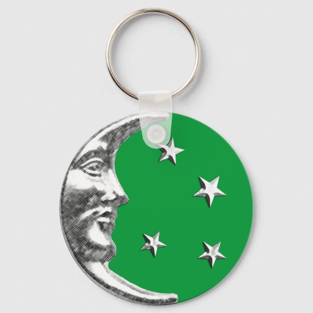 Art Deco Moon and Stars - Jade Green and Silver Keychain (Front)