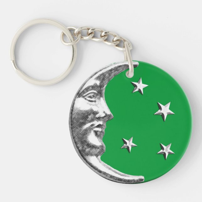 Art Deco Moon and Stars - Jade Green and Silver Keychain (Front)