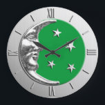 Art Deco Moon and Stars - Jade Green and Silver Large Clock<br><div class="desc">Classic Art Deco moon and stars design in brushed metallic silver,  with an enamel look,  jade green</div>