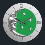 Art Deco Moon and Stars - Jade Green and Silver Large Clock<br><div class="desc">Classic Art Deco moon and stars design in brushed metallic silver,  with an enamel look,  jade green background</div>