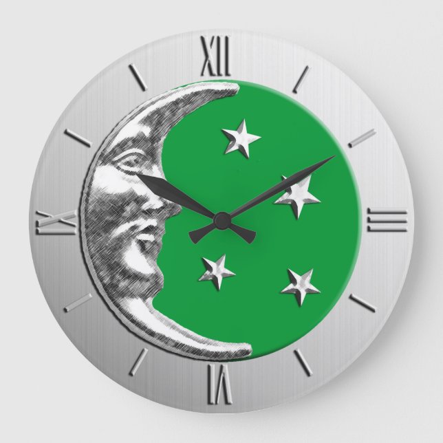 Art Deco Moon and Stars - Jade Green and Silver Large Clock (Front)
