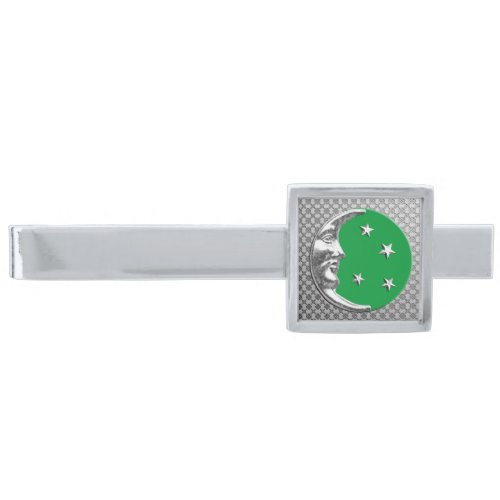 Art Deco Moon and Stars Jade Green and Silver Silver Finish Tie Bar