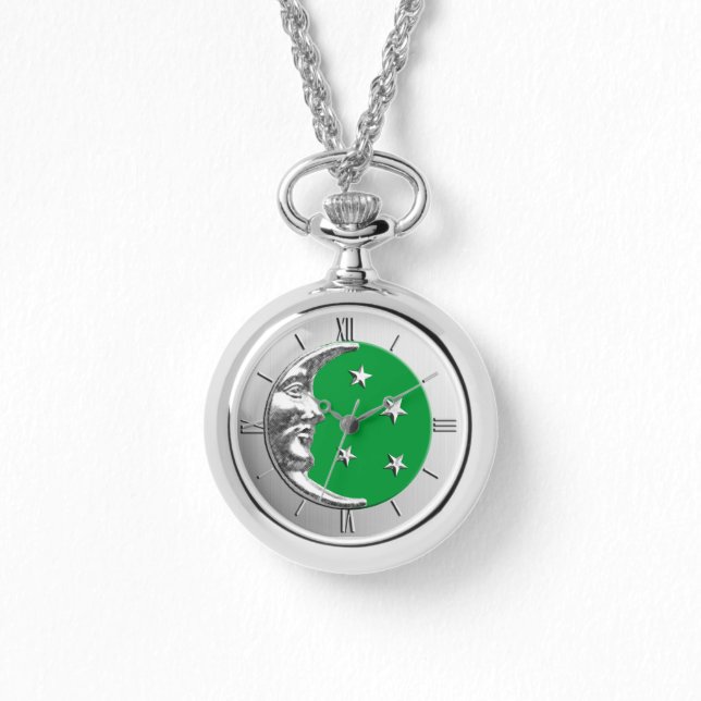 Art Deco Moon and Stars - Jade Green and Silver Watch (Front)