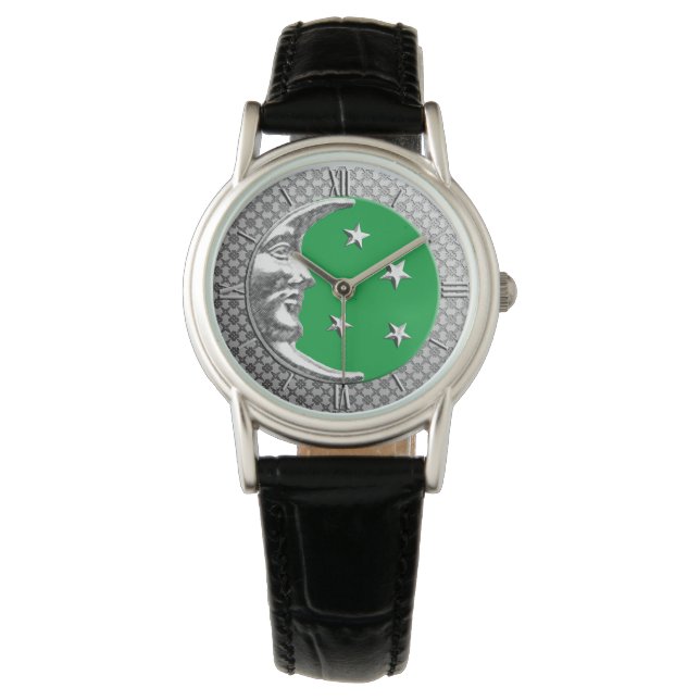 Art Deco Moon and Stars, Jade Green and Silver Watch (Front)