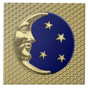 Art Deco Moon and stars - Navy Blue and Gold Ceramic Tile