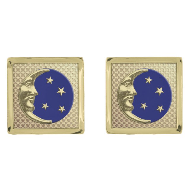 Art Deco Moon and Stars, Navy Blue and Gold Cufflinks (Front)