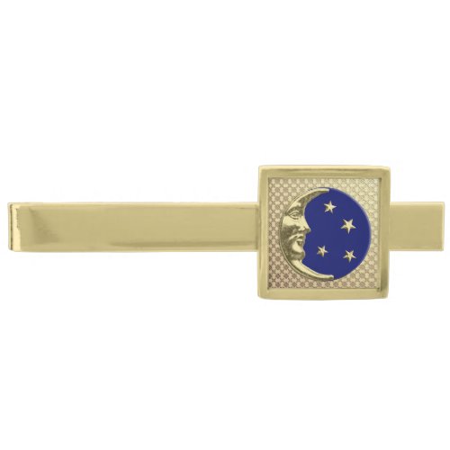 Art Deco Moon and Stars Navy Blue and Gold Gold Finish Tie Bar