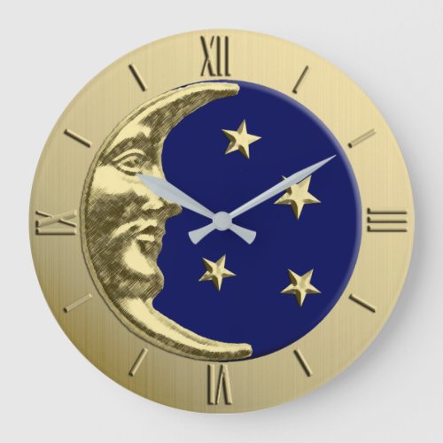 Art Deco Moon and Stars _ Navy Blue and Gold Large Clock
