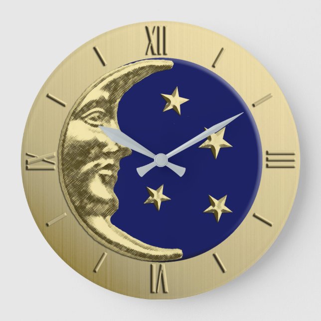 Art Deco Moon and Stars - Navy Blue and Gold Large Clock (Front)