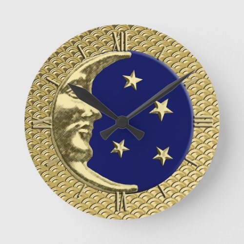 Art Deco Moon and Stars Navy Blue and Gold Round Clock