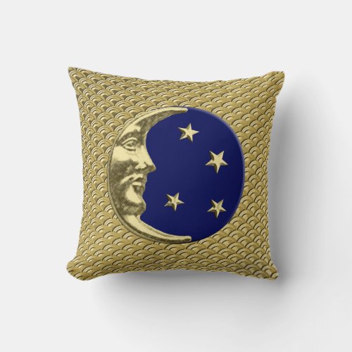 Art Deco Moon and stars _ Navy Blue and Gold Throw Pillow