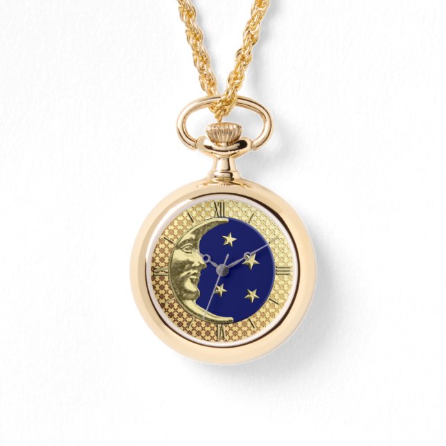 Art Deco Moon and Stars, Navy Blue and Gold Watch (Front)