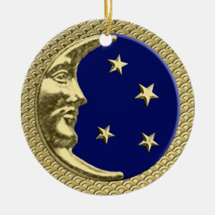 Art Deco Moon and Stars Navy on a Gold Background Ceramic Ornament