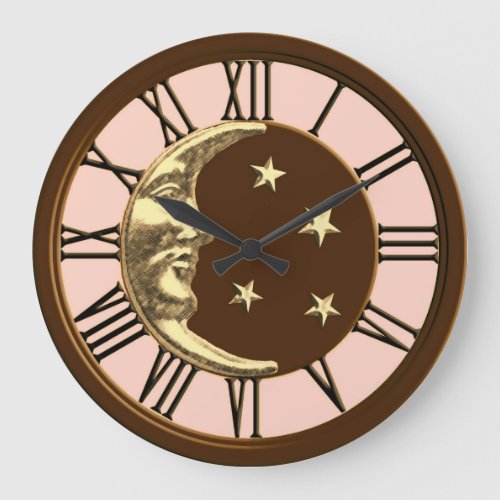 Art Deco Moon and Stars _ Peach Brown  Gold Large Clock