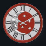 Art Deco Moon and Stars - Red, Grey and Silver Large Clock<br><div class="desc">Classic Art Deco moon and stars design in brushed silver on enamel look,  dark Chinese red with a light silver grey / gray background</div>