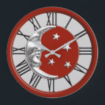 Art Deco Moon and Stars - Red, Grey and Silver Large Clock<br><div class="desc">Classic Art Deco moon and stars design in brushed silver on enamel look,  dark Chinese red with a light silver grey / gray background</div>