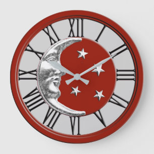 Art Deco Moon and Stars - Red, Grey and Silver Large Clock