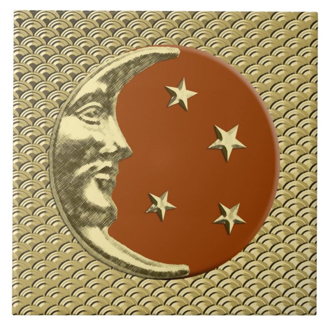 Art Deco Moon and stars - Rust Brown and Gold Ceramic Tile (Front)