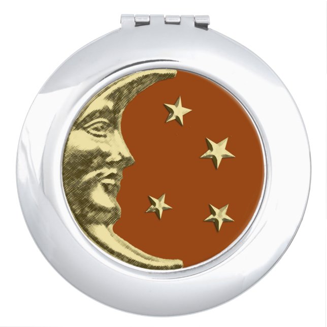 Art Deco Moon and Stars - Rust Brown and Gold Compact Mirror (Front)