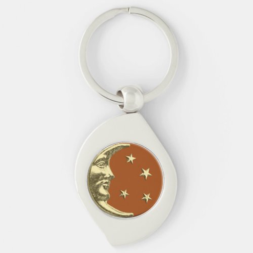 Art Deco Moon and Stars _ Rust Brown and Gold Keychain