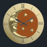 Art Deco Moon and Stars - Rust Brown and Gold Large Clock<br><div class="desc">Classic Art Deco moon and stars design in a brushed metallic gold look,  with an enamel look,  rust brown / terracotta background</div>