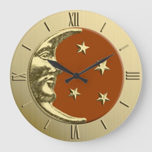 Art Deco Moon and Stars _ Rust Brown and Gold Large Clock