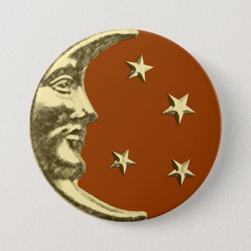 Art Deco Moon and Stars _ Rust Brown and Gold Pinback Button