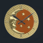 Art Deco Moon and Stars, Rust Brown and Gold Round Clock<br><div class="desc">Clock in a classic Art Deco moon and stars design in brushed silver with an enamel look rust brown / terracotta background</div>