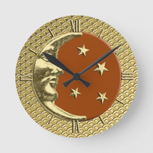 Art Deco Moon and Stars Rust Brown and Gold Round Clock
