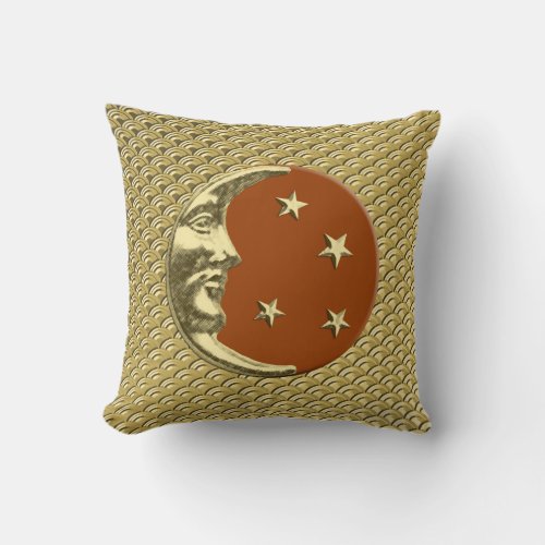 Art Deco Moon and stars _ Rust Brown and Gold Throw Pillow