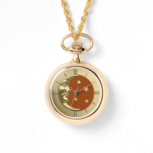 Art Deco Moon and Stars - Rust Brown and Gold Watch (Front)