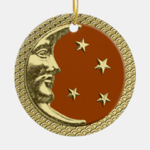 Art Deco Moon and Stars Rust on a Gold Background Ceramic Ornament