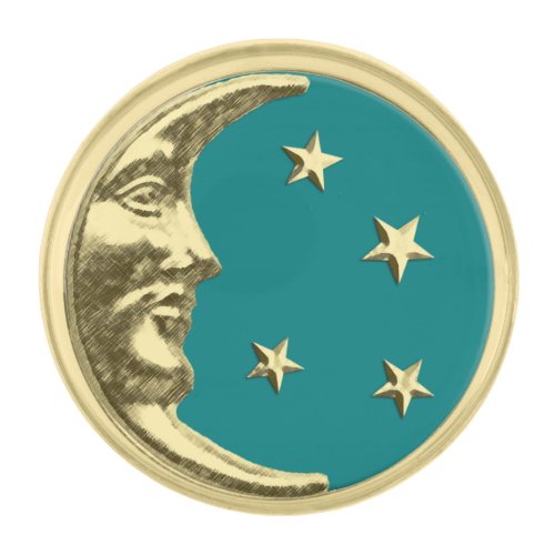 Art Deco Moon and Stars _ Teal and Gold Gold Finish Lapel Pin