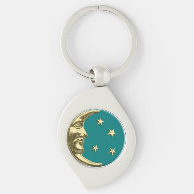 Art Deco Moon and Stars - Teal and Gold Keychain (Front)