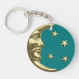 Art Deco Moon and Stars - Teal and Gold Keychain